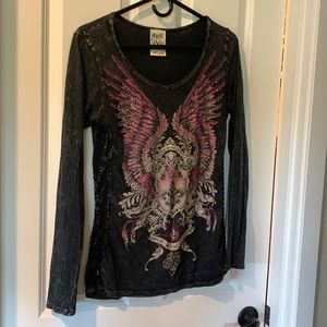 Biker Local Black Long Sleeve Shirt Angel Wings Womens Size M